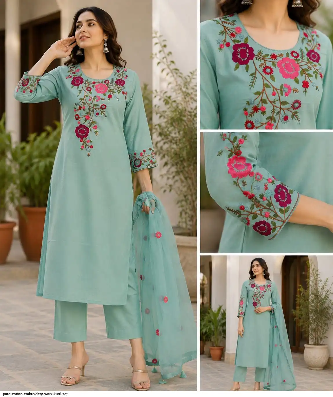 PURE COTTON EMBROIDERY WORK KURTI SET B