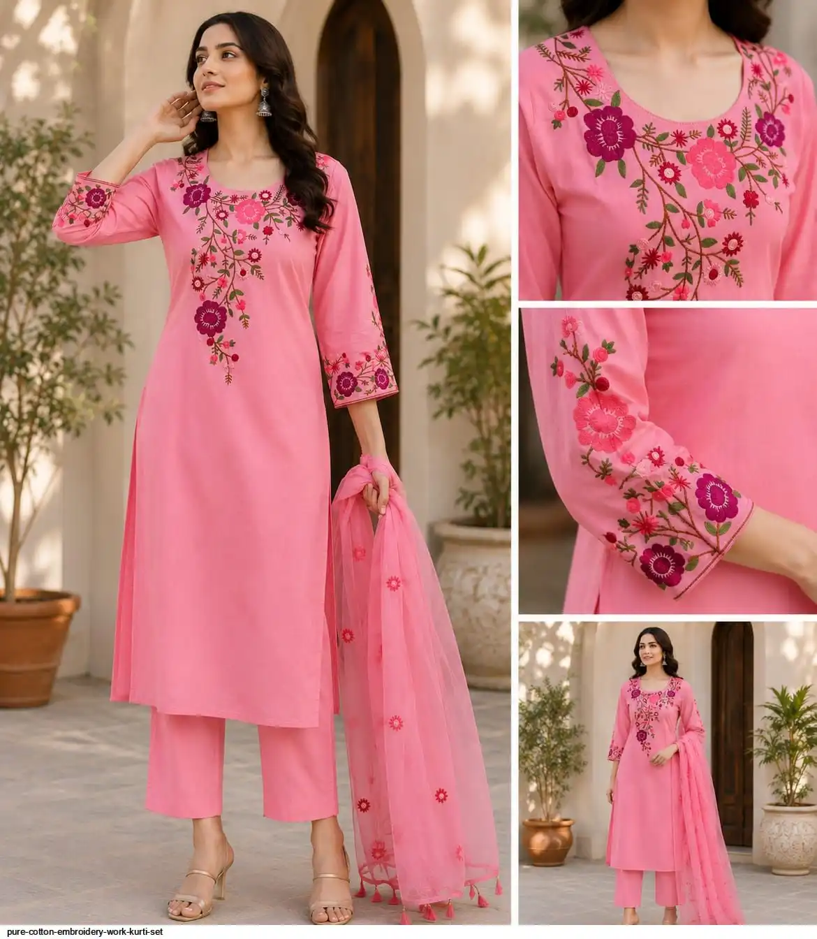 PURE COTTON EMBROIDERY WORK KURTI SET A
