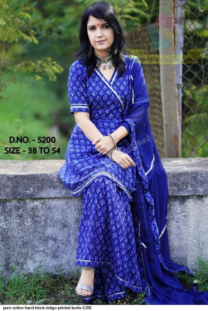PURE COTTON HAND BLOCK INDIGO PRINTED KURTIS 5200