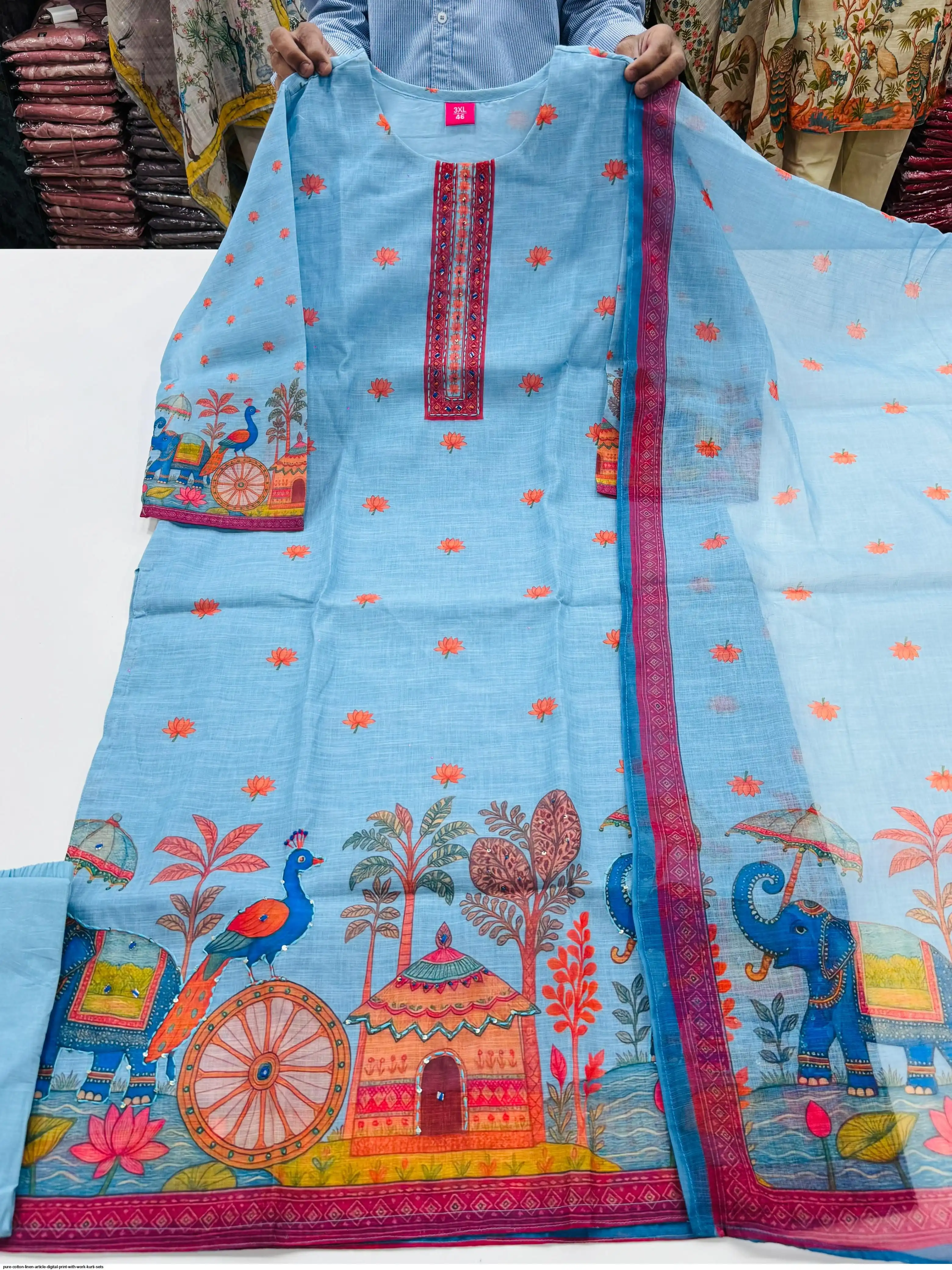 PURE COTTON LINEN ARTICLE DIGITAL PRINT WITH WORK KURTI SETS G