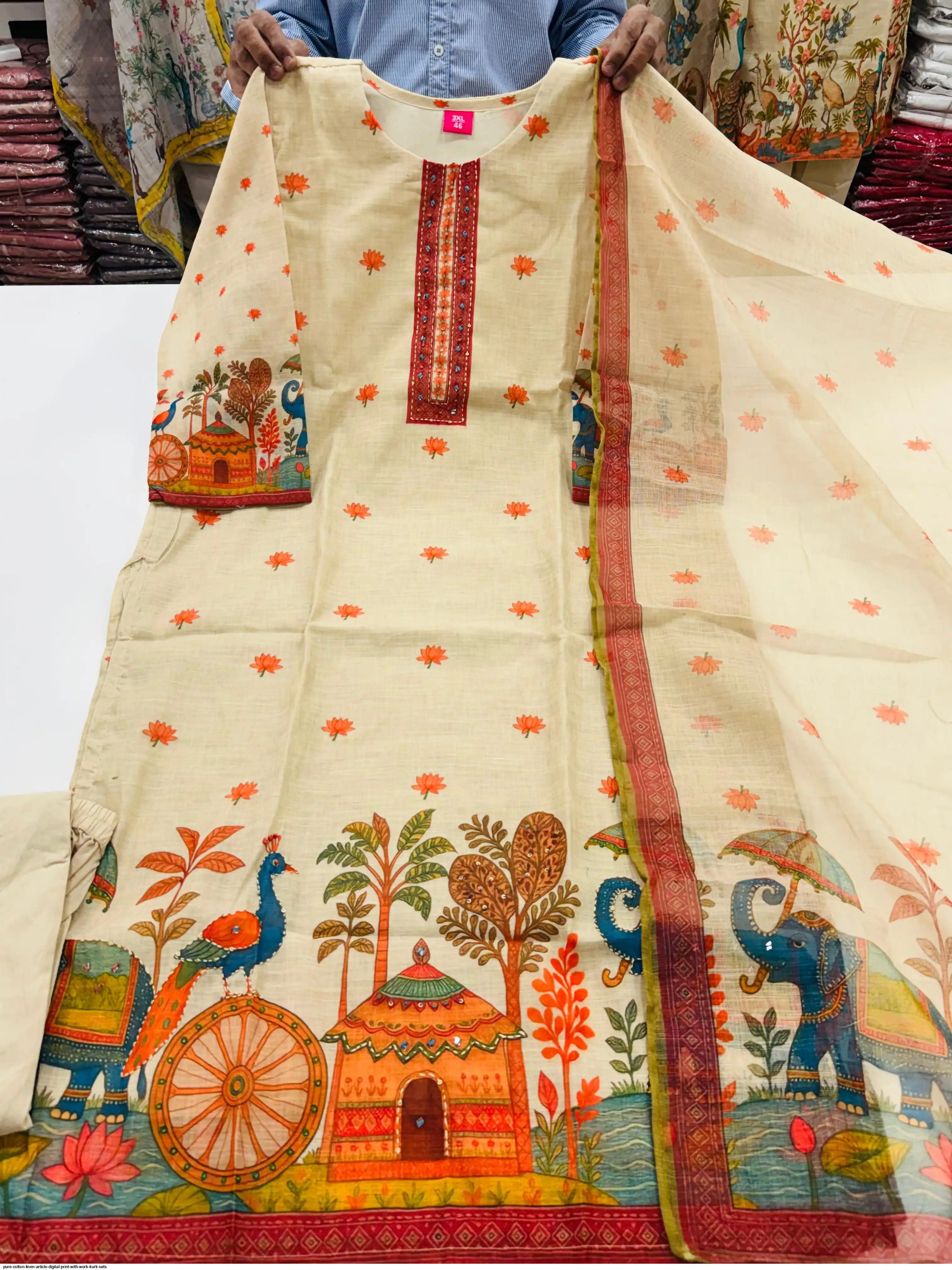 PURE COTTON LINEN ARTICLE DIGITAL PRINT WITH WORK KURTI SETS F
