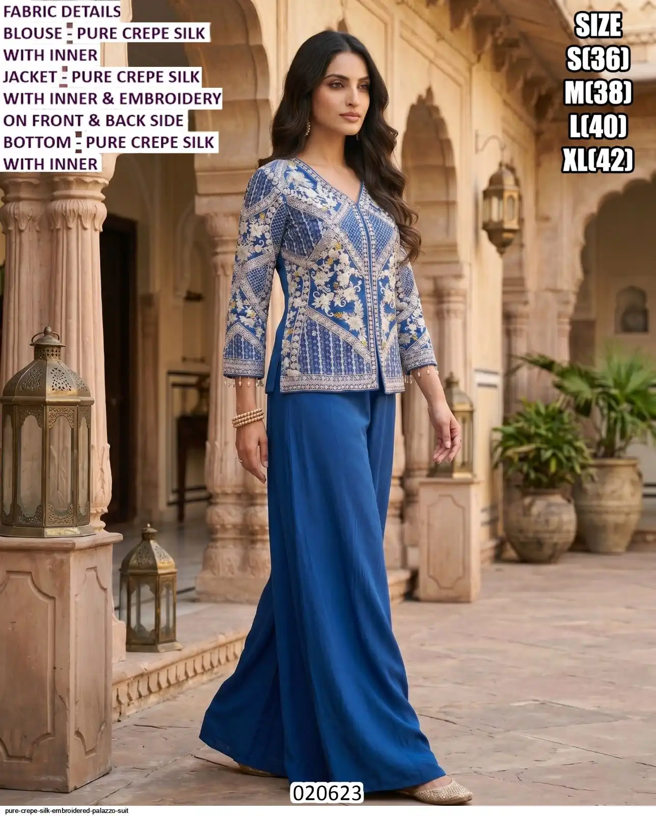 PURE CREPE SILK EMBROIDERED PALAZZO SUIT 020623