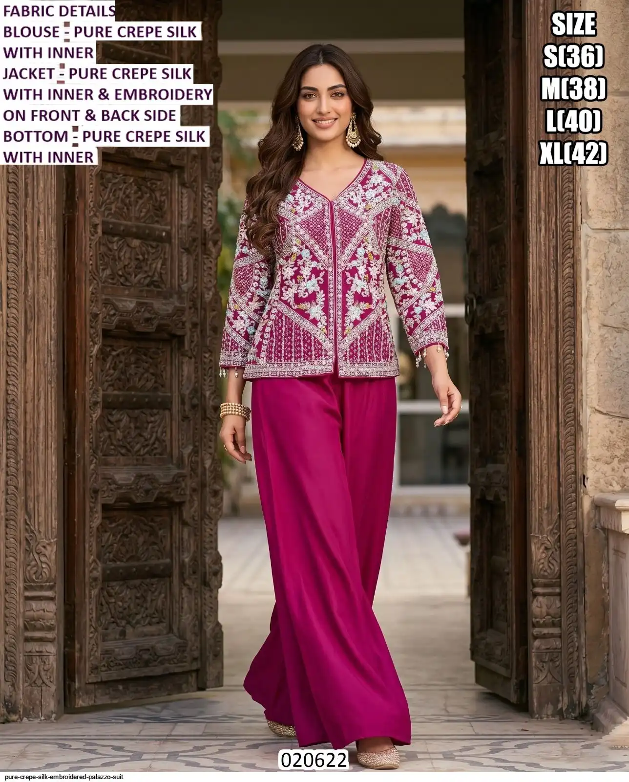 PURE CREPE SILK EMBROIDERED PALAZZO SUIT 020622