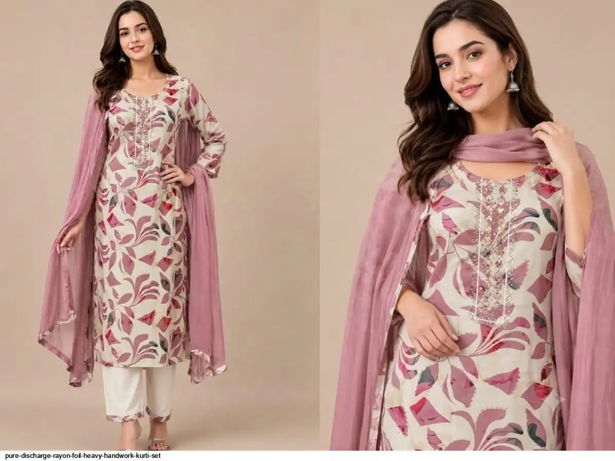 PURE DISCHARGE RAYON FOIL HEAVY HANDWORK KURTI SET C