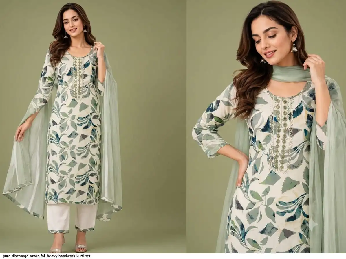 PURE DISCHARGE RAYON FOIL HEAVY HANDWORK KURTI SET B