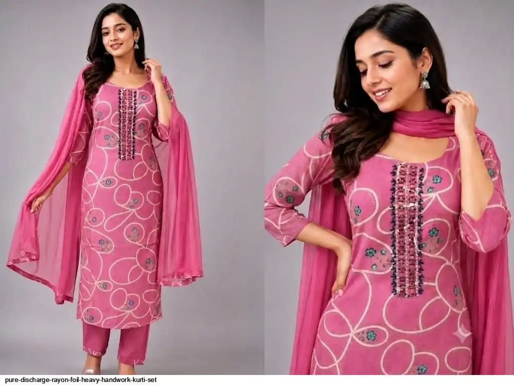 PURE DISCHARGE RAYON FOIL HEAVY HANDWORK KURTI SET D