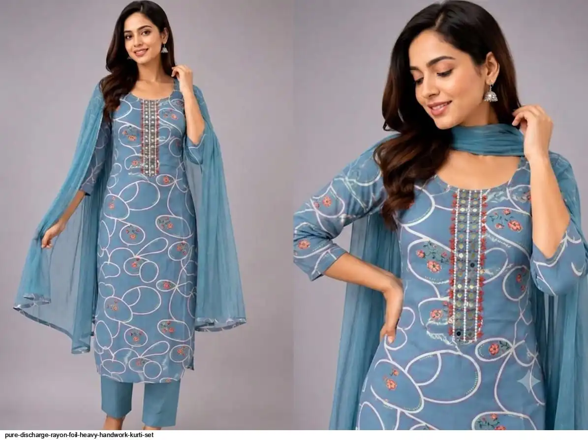 PURE DISCHARGE RAYON FOIL HEAVY HANDWORK KURTI SET A