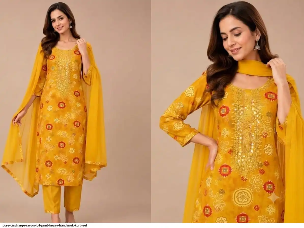 PURE DISCHARGE RAYON FOIL PRINT HEAVY HANDWORK KURTI SET B