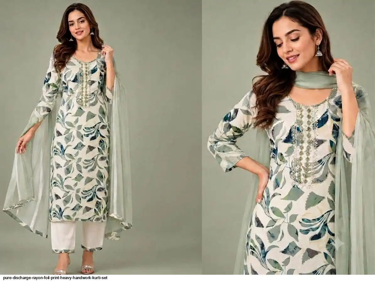 PURE DISCHARGE RAYON FOIL PRINT HEAVY HANDWORK KURTI SET D