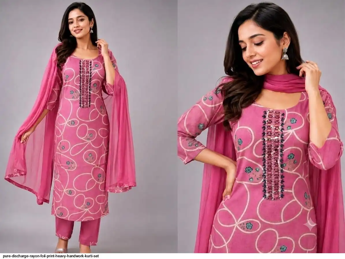 PURE DISCHARGE RAYON FOIL PRINT HEAVY HANDWORK KURTI SET E