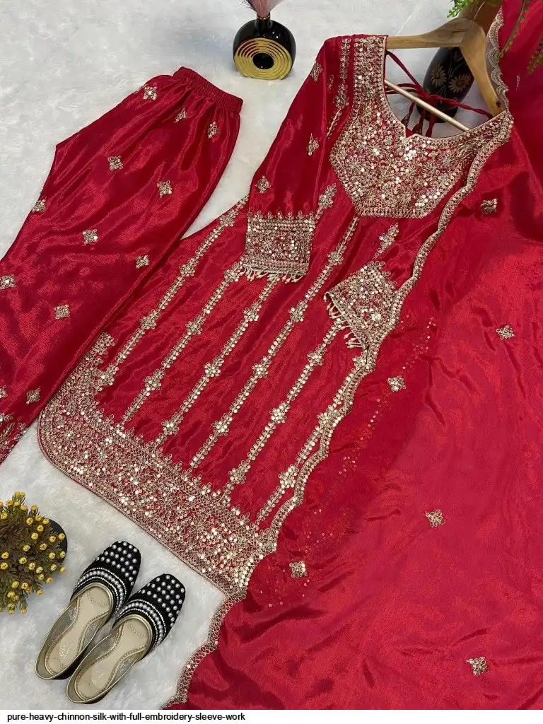 PURE HEAVY CHINNON SILK WITH FULL EMBROIDERY SLEEVE WORK 1