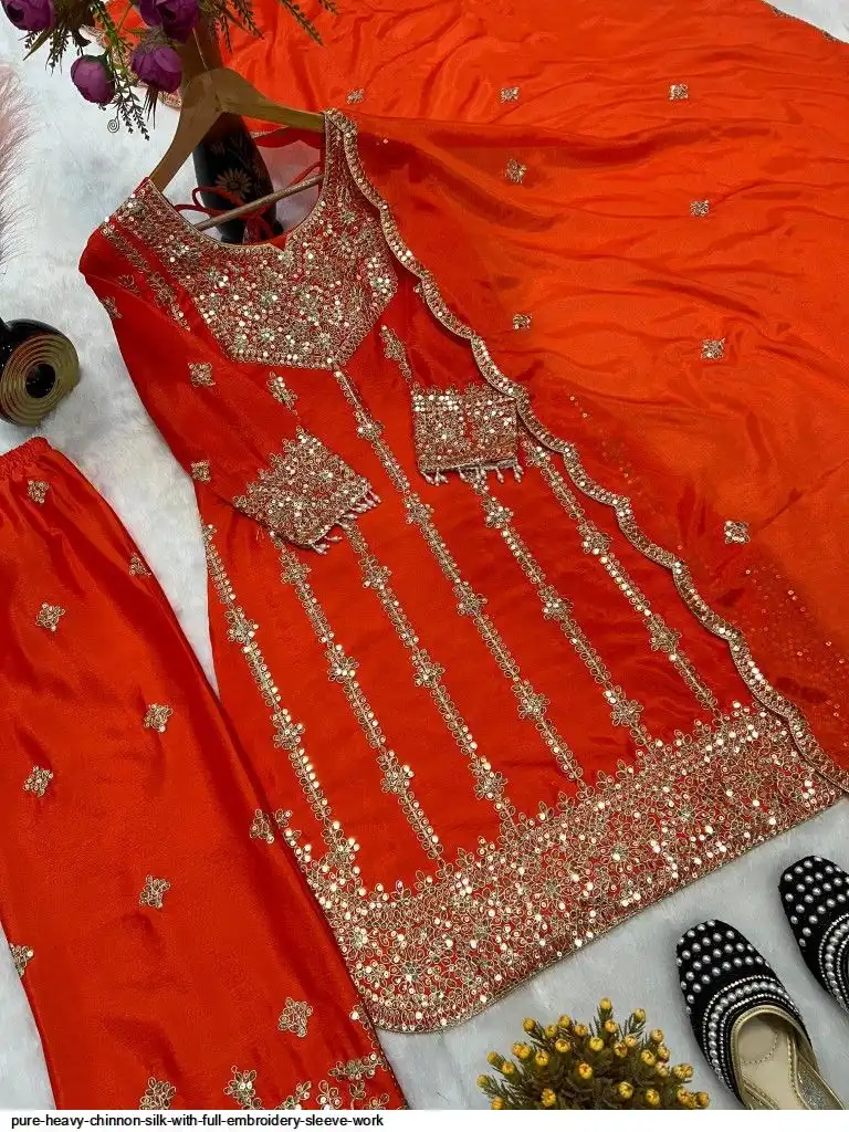 PURE HEAVY CHINNON SILK WITH FULL EMBROIDERY SLEEVE WORK 3