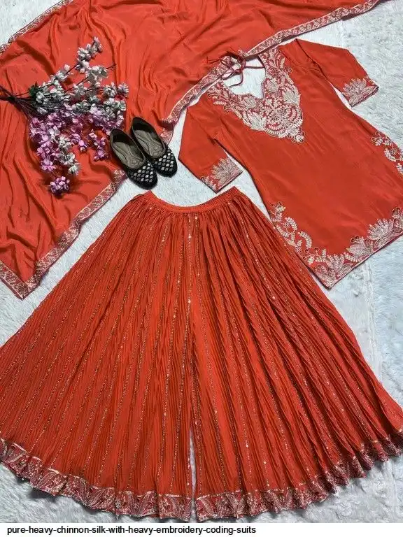 Pure Heavy Chinnon Silk With Heavy Embroidery Coding Sequence Work
