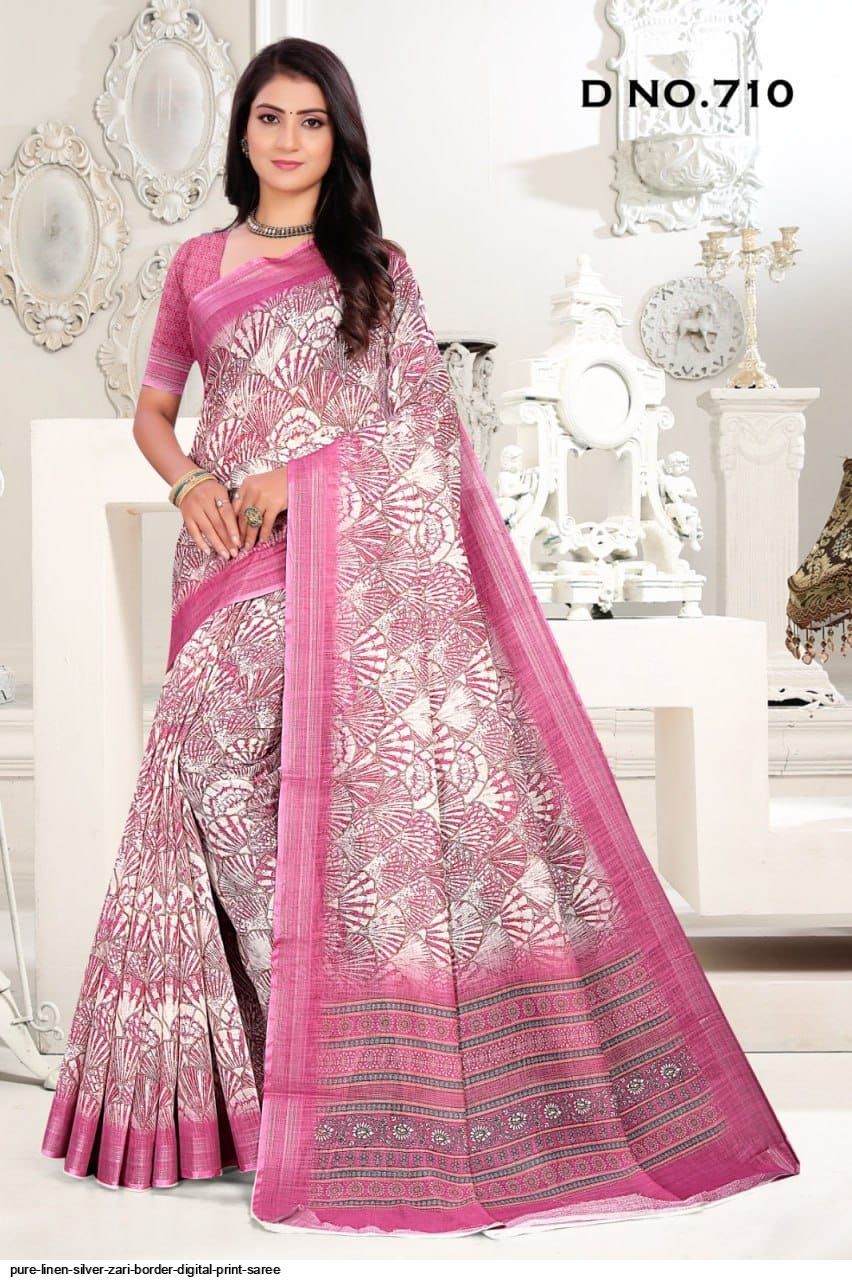 Pure Linen Silver Zari Border Digital Print saree