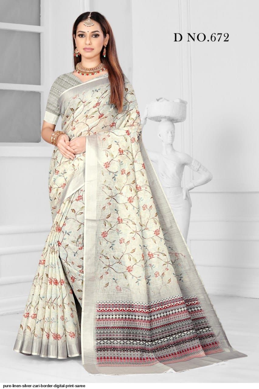 PURE LINEN SILVER ZARI BORDER DIGITAL PRINT SAREE