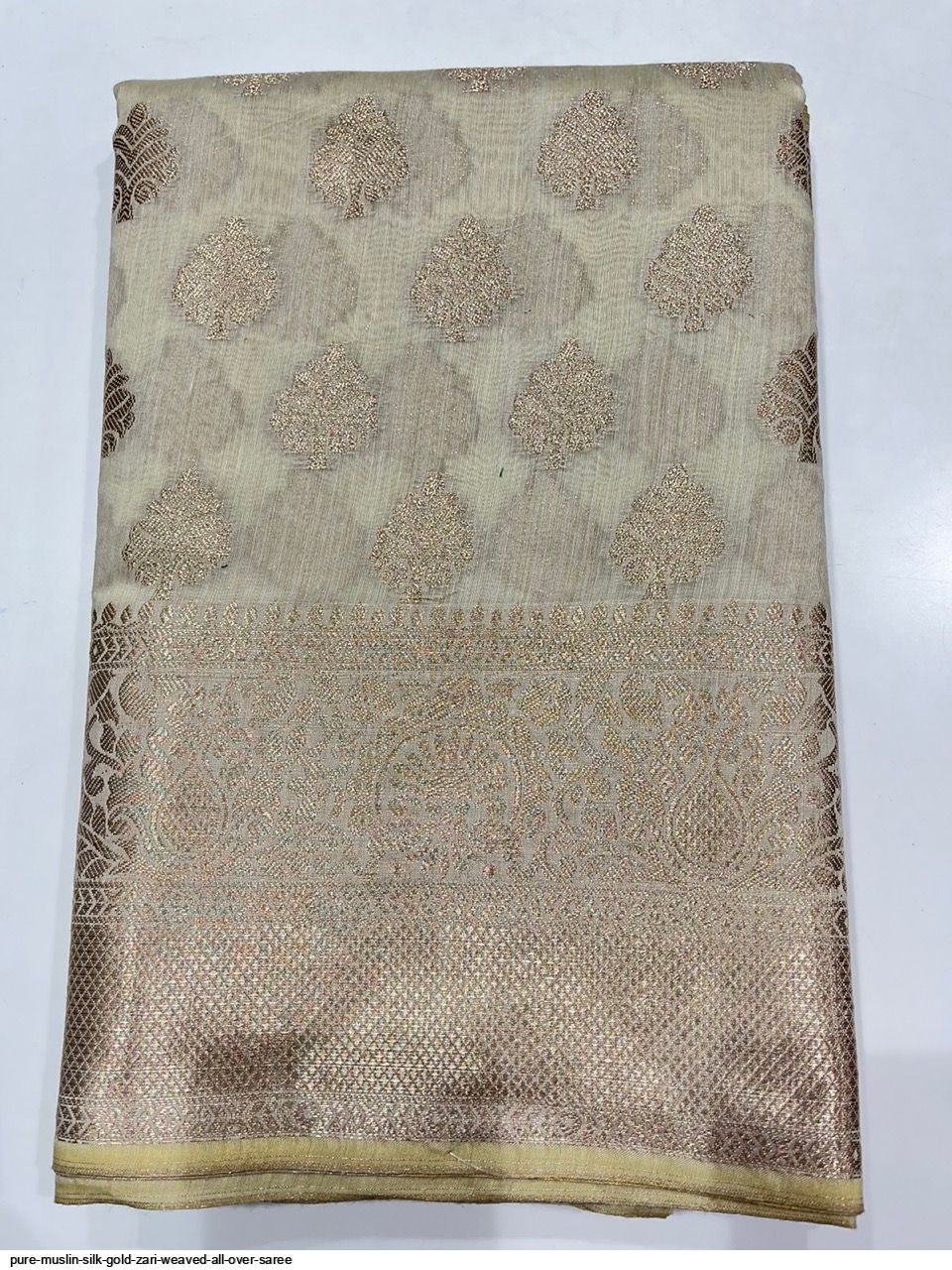 Pure Muslin Silk Gold Zari Weaved All Over Saree