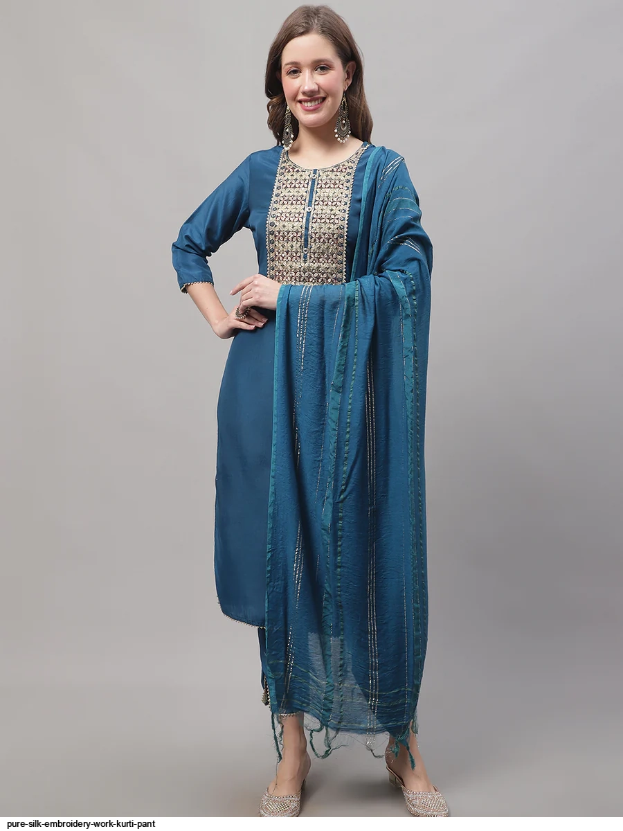 Women Blue Pure Russian Silk  Embroidery Work Kurta Set With Dupatta