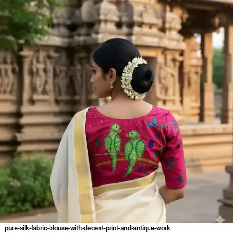 PURE SILK FABRIC BLOUSE WITH DECENT PRINT AND ANTIQUE WORK B