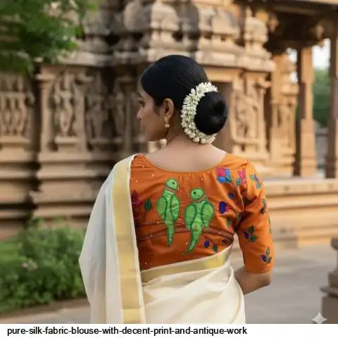 PURE SILK FABRIC BLOUSE WITH DECENT PRINT AND ANTIQUE WORK A