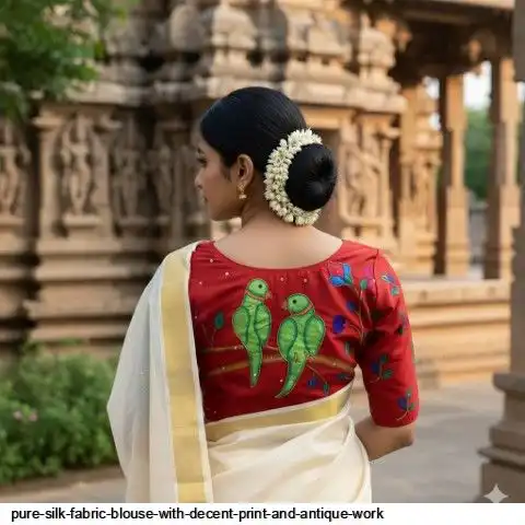 PURE SILK FABRIC BLOUSE WITH DECENT PRINT AND ANTIQUE WORK D