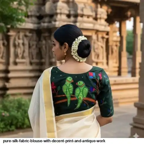PURE SILK FABRIC BLOUSE WITH DECENT PRINT AND ANTIQUE WORK E