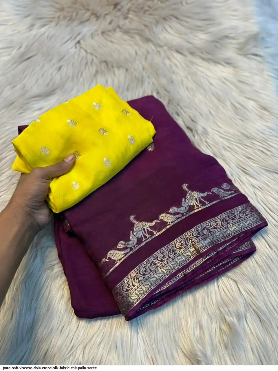 PURE SOFT VISCOSE DOLA CREPE SILK FABRIC CHIT PALLU SAREE 2