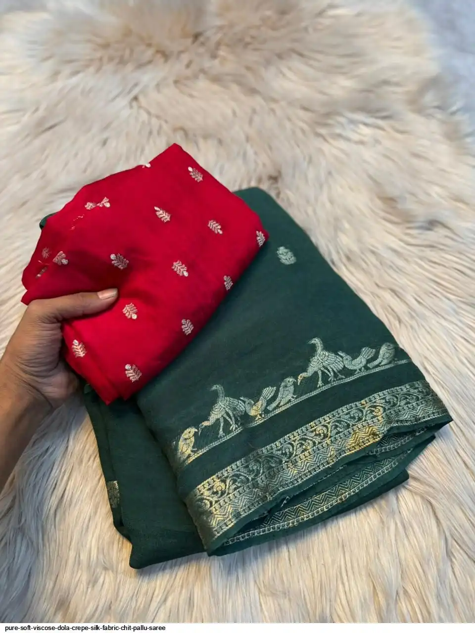 PURE SOFT VISCOSE DOLA CREPE SILK FABRIC CHIT PALLU SAREE 6