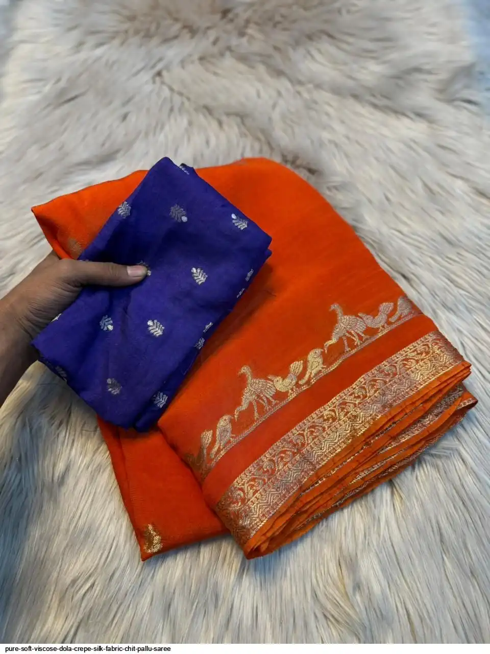 PURE SOFT VISCOSE DOLA CREPE SILK FABRIC CHIT PALLU SAREE 4