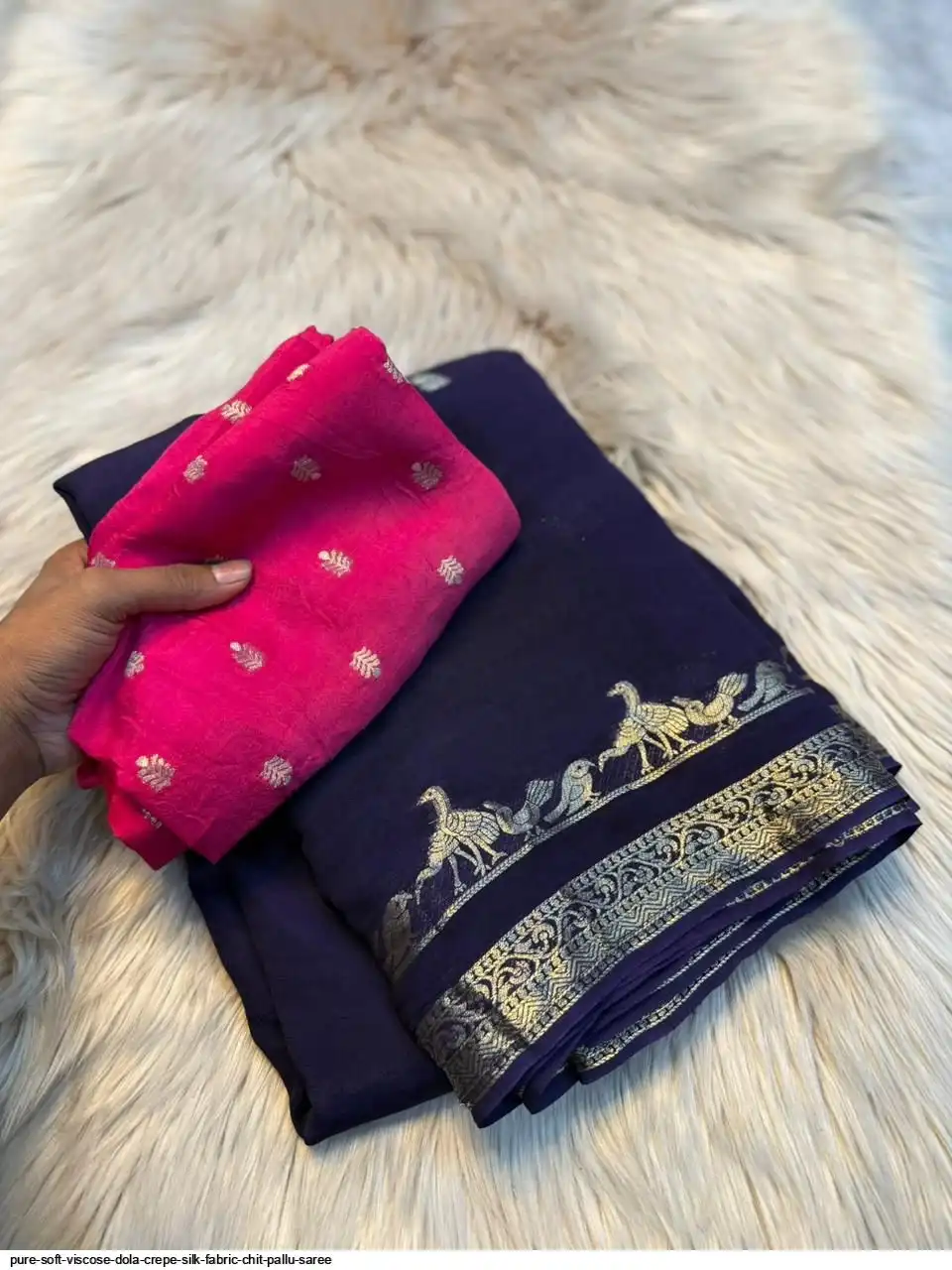PURE SOFT VISCOSE DOLA CREPE SILK FABRIC CHIT PALLU SAREE 1