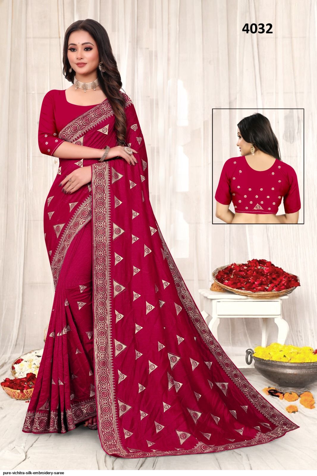 Pure Vichitra Silk Embroidery Saree 8801