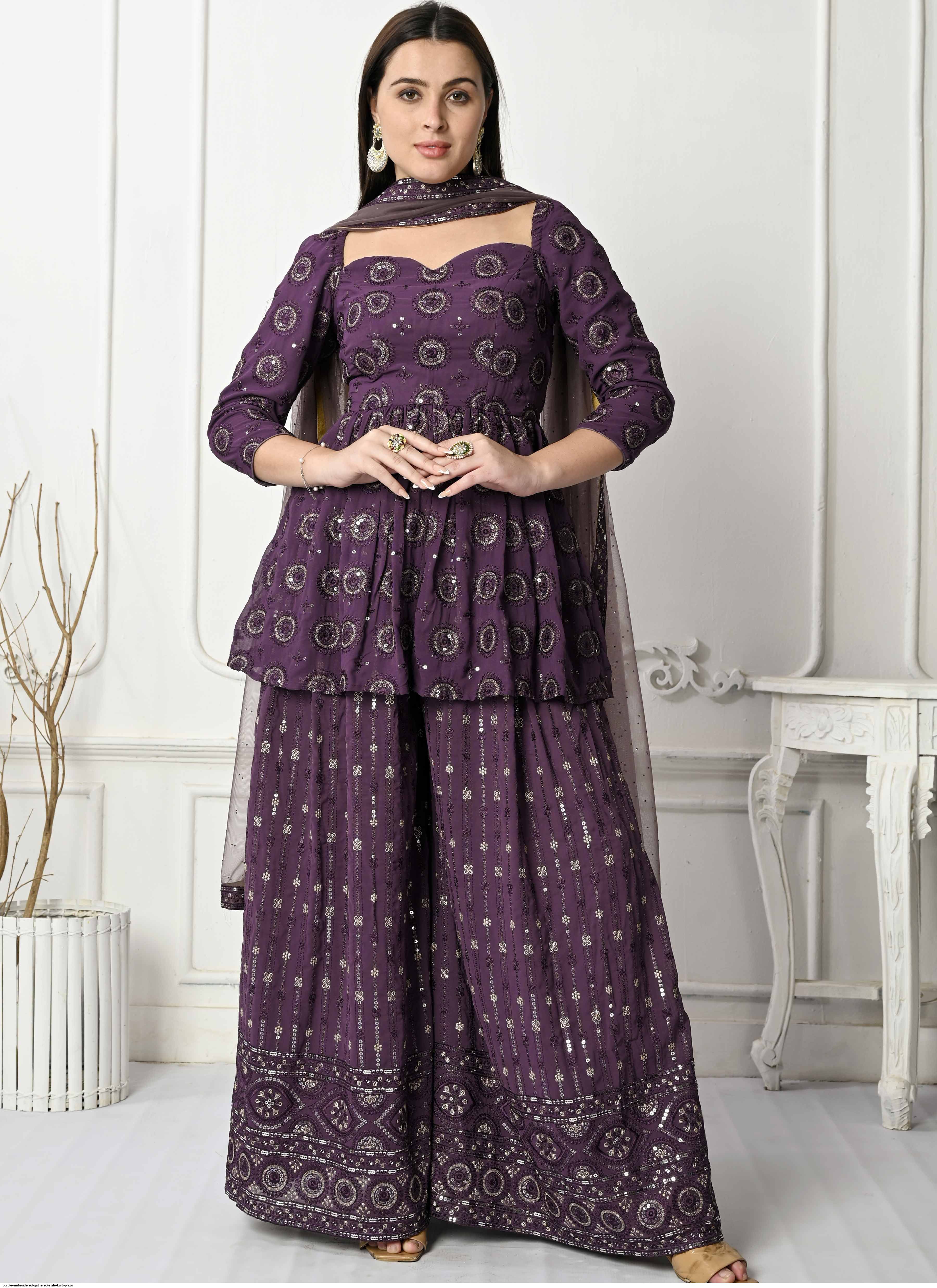 PURPLE EMBROIDERED GATHERED STYLE KURTI PLAZO