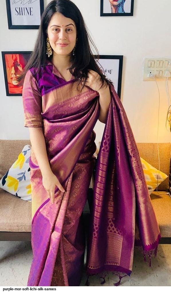 PURPLE MOR SOFT LICHI SILK SAREES