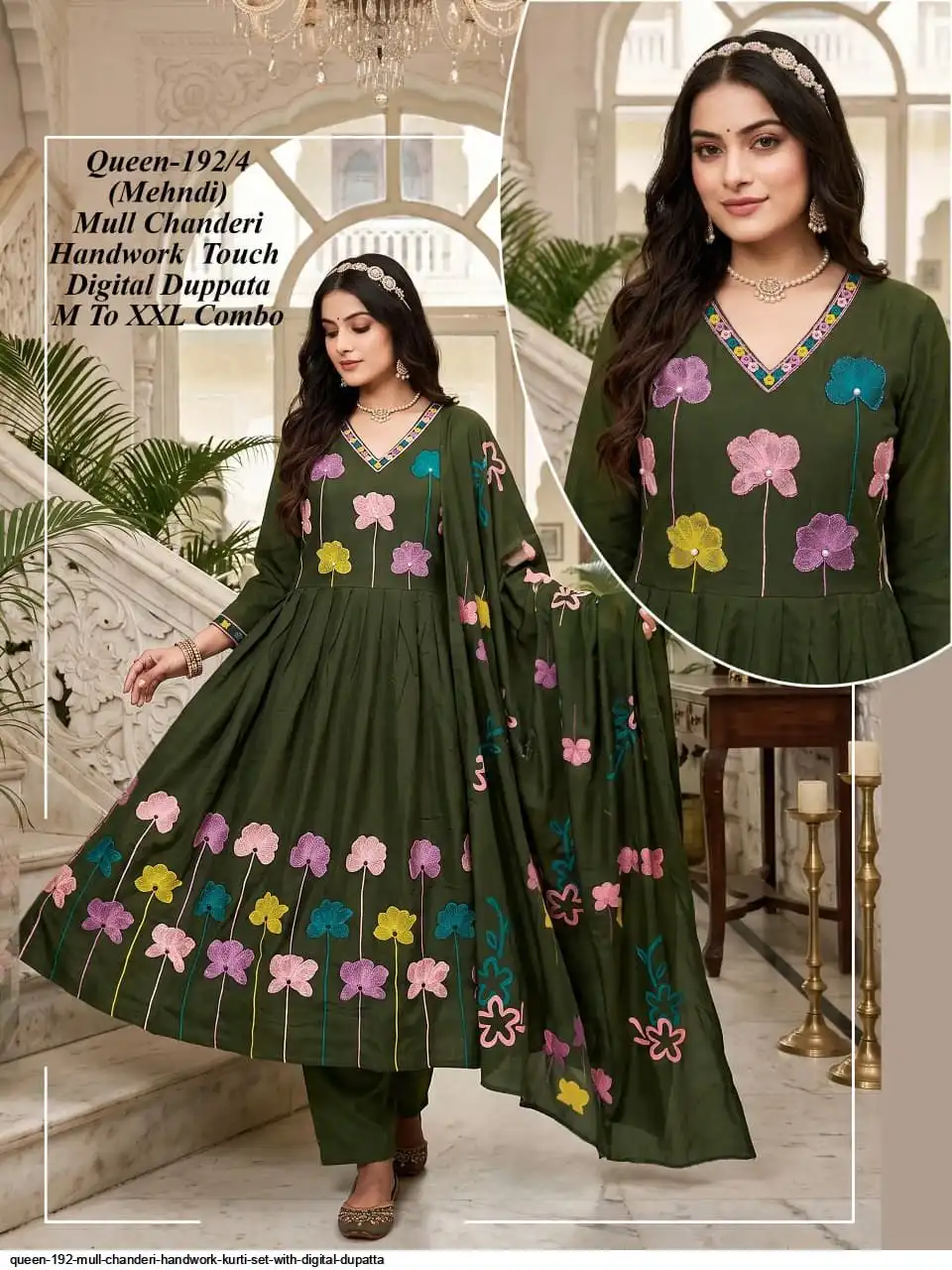 QUEEN 192 MULL CHANDERI HANDWORK KURTI SET WITH DIGITAL DUPATTA 4