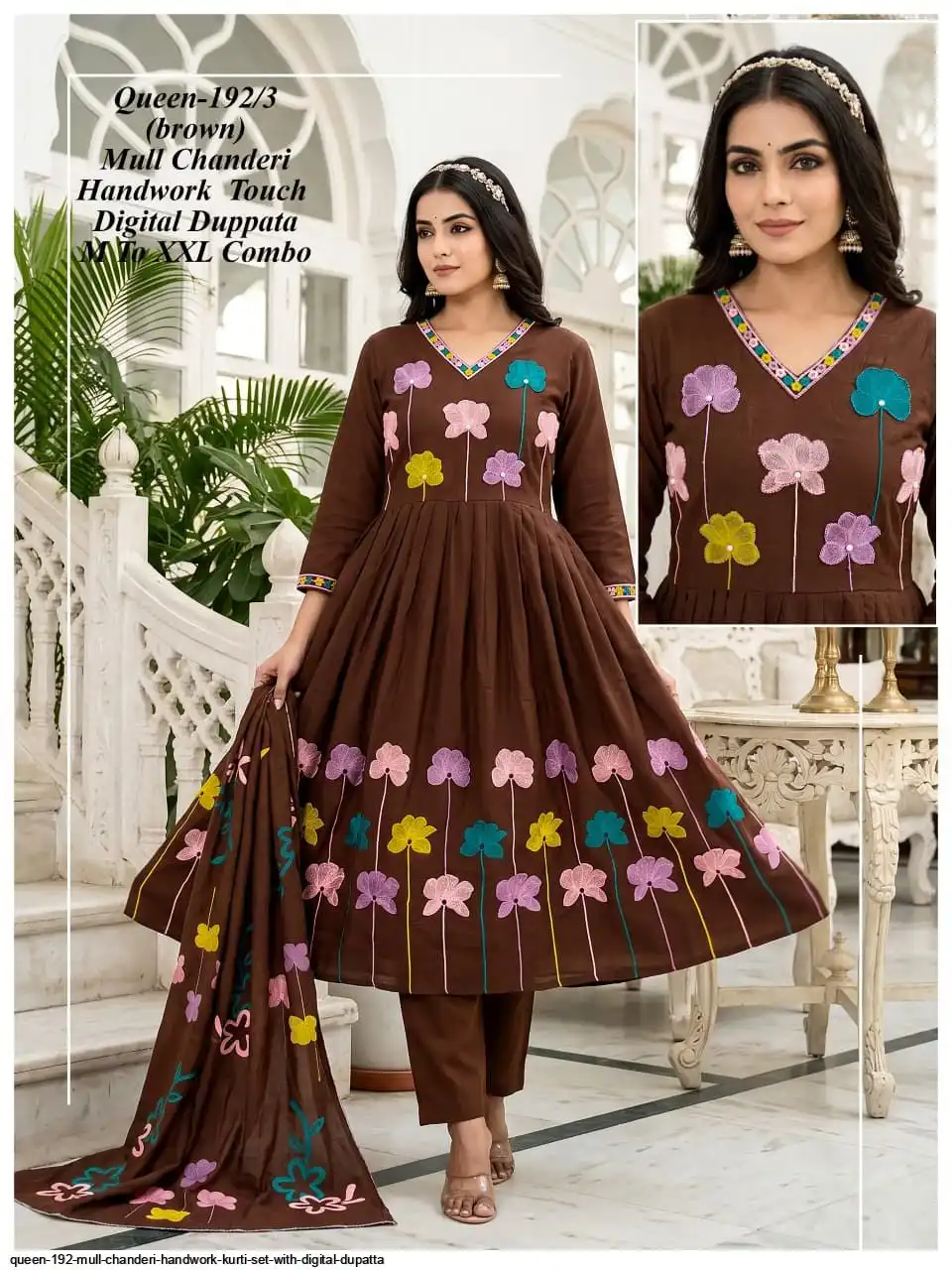 QUEEN 192 MULL CHANDERI HANDWORK KURTI SET WITH DIGITAL DUPATTA 3