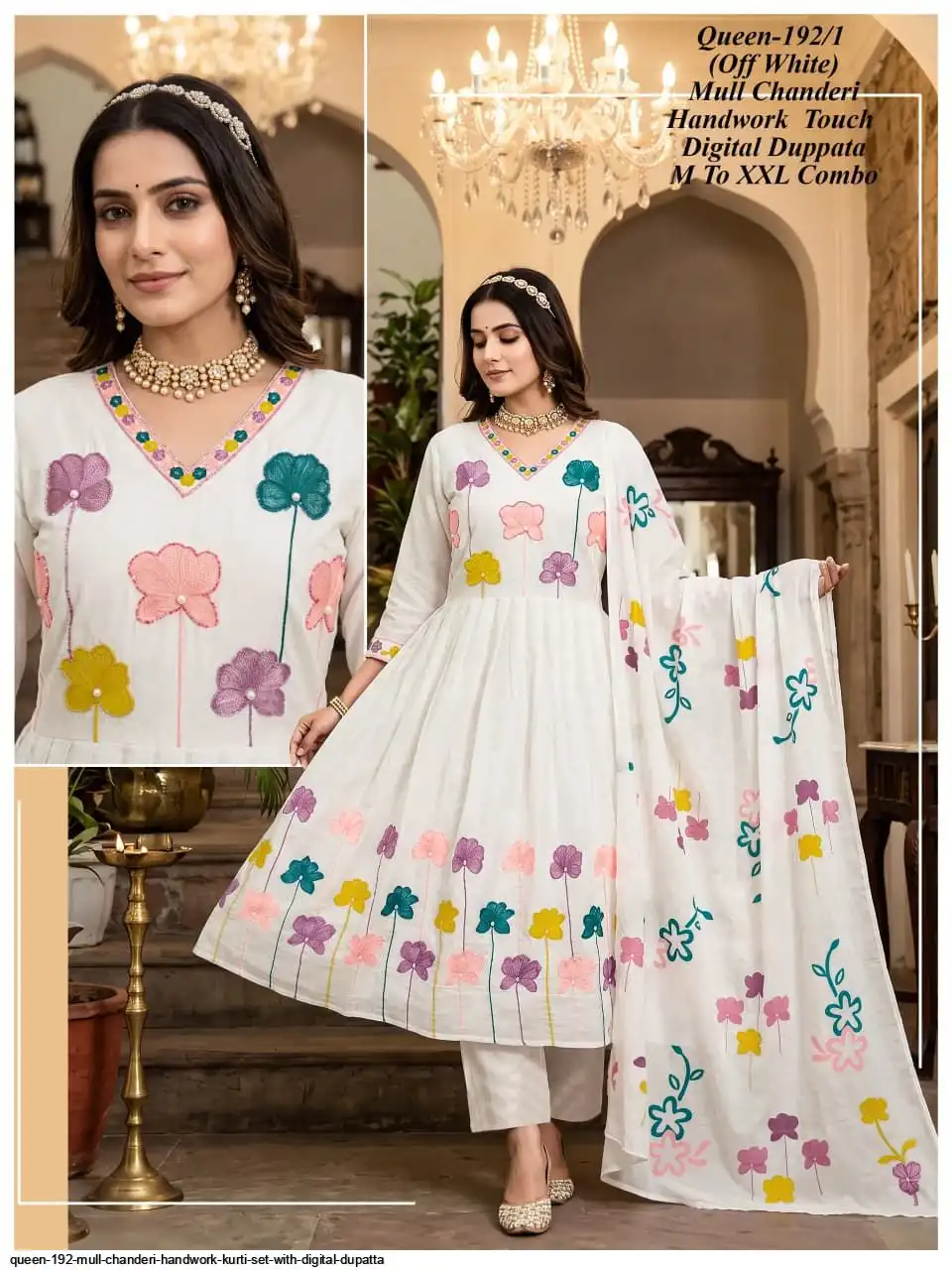 QUEEN 192 MULL CHANDERI HANDWORK KURTI SET WITH DIGITAL DUPATTA 1