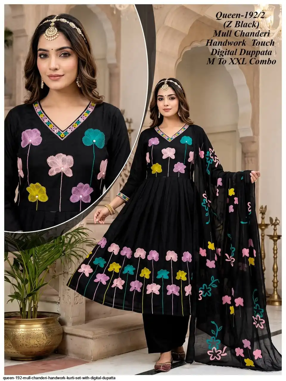 QUEEN 192 MULL CHANDERI HANDWORK KURTI SET WITH DIGITAL DUPATTA 2