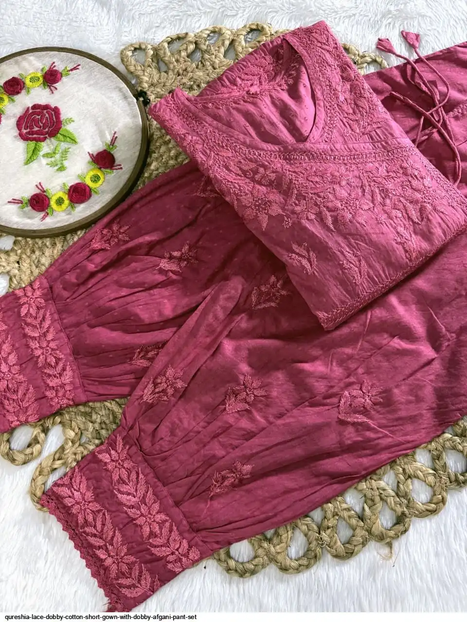 QURESHIA LACE DOBBY COTTON SHORT GOWN WITH DOBBY AFGANI PANT SET 2