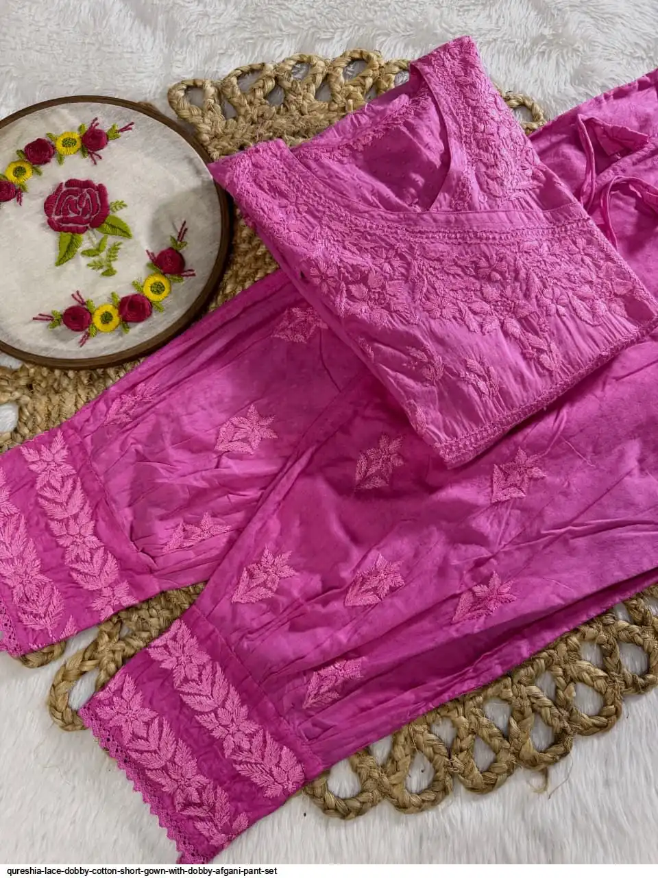 QURESHIA LACE DOBBY COTTON SHORT GOWN WITH DOBBY AFGANI PANT SET 3