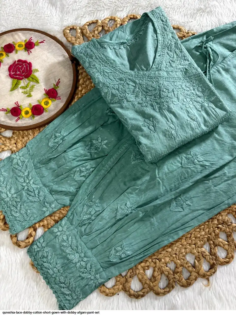 QURESHIA LACE DOBBY COTTON SHORT GOWN WITH DOBBY AFGANI PANT SET 5