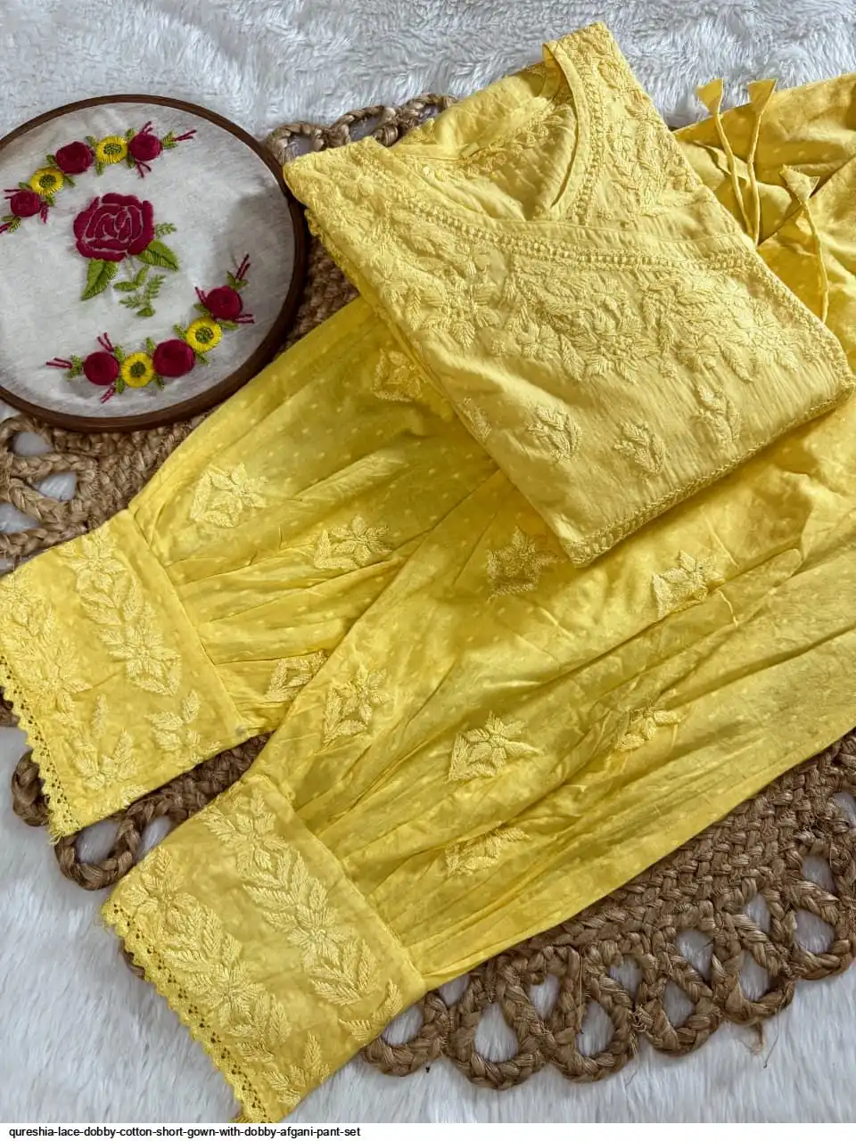 QURESHIA LACE DOBBY COTTON SHORT GOWN WITH DOBBY AFGANI PANT SET 4
