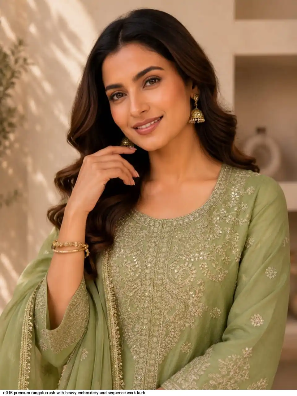 R 016 PREMIUM RANGOLI CRUSH WITH HEAVY EMBROIDERY AND SEQUENCE WORK KURTI 2