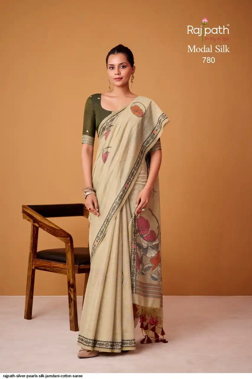RAJPATH SILVER PEARLS SILK JAMDANI COTTON SAREE 780
