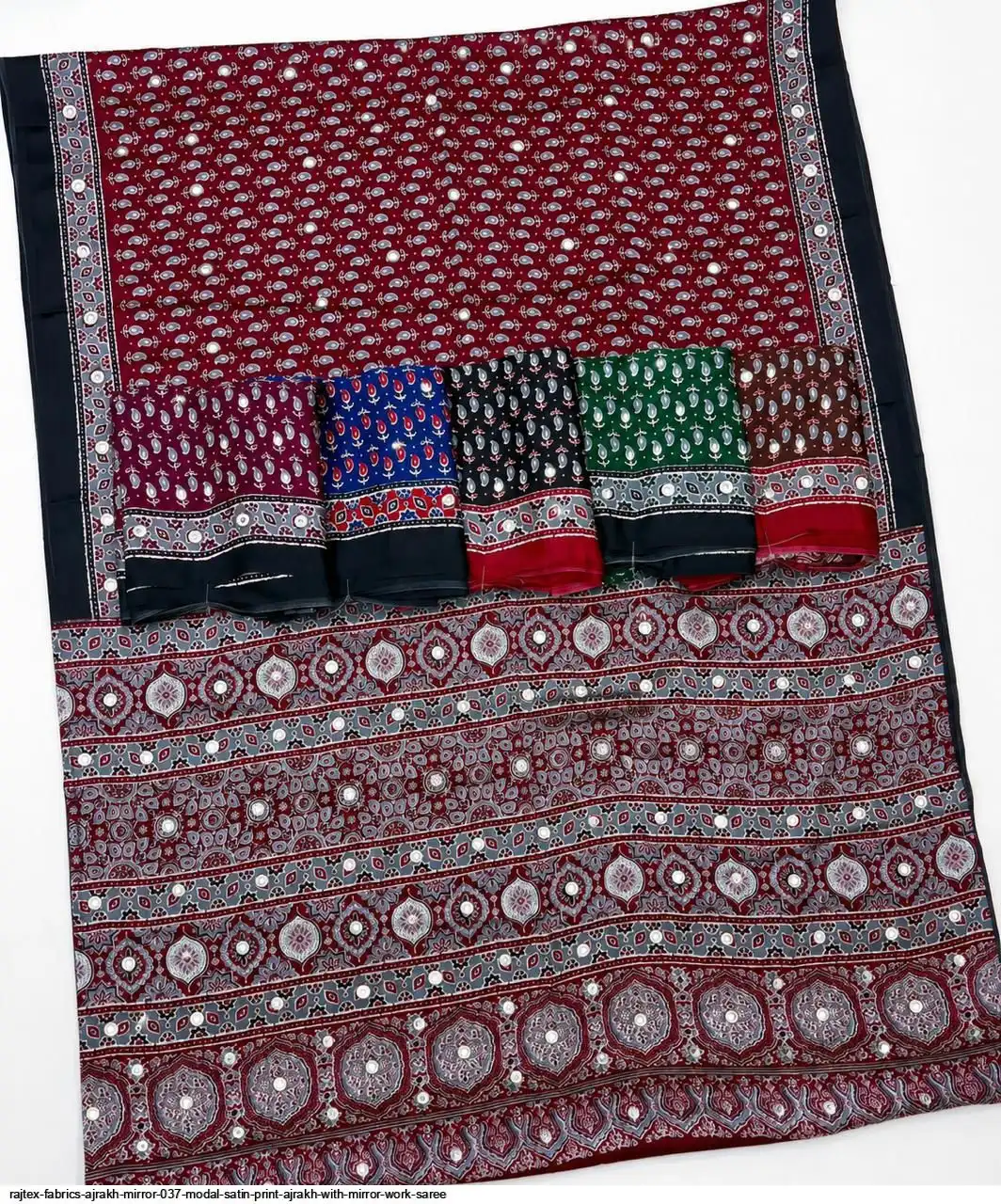 RAJTEX FABRICS AJRAKH MIRROR 037 MODAL SATIN PRINT AJRAKH WITH MIRROR WORK SAREE