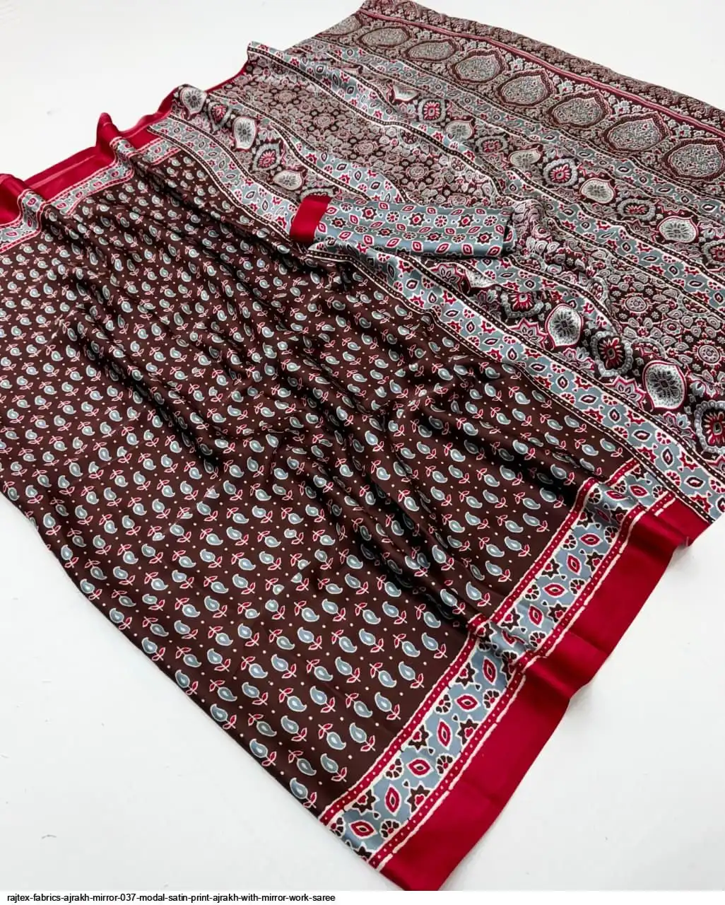 RAJTEX FABRICS AJRAKH MIRROR 037 MODAL SATIN PRINT AJRAKH WITH MIRROR WORK SAREE 6