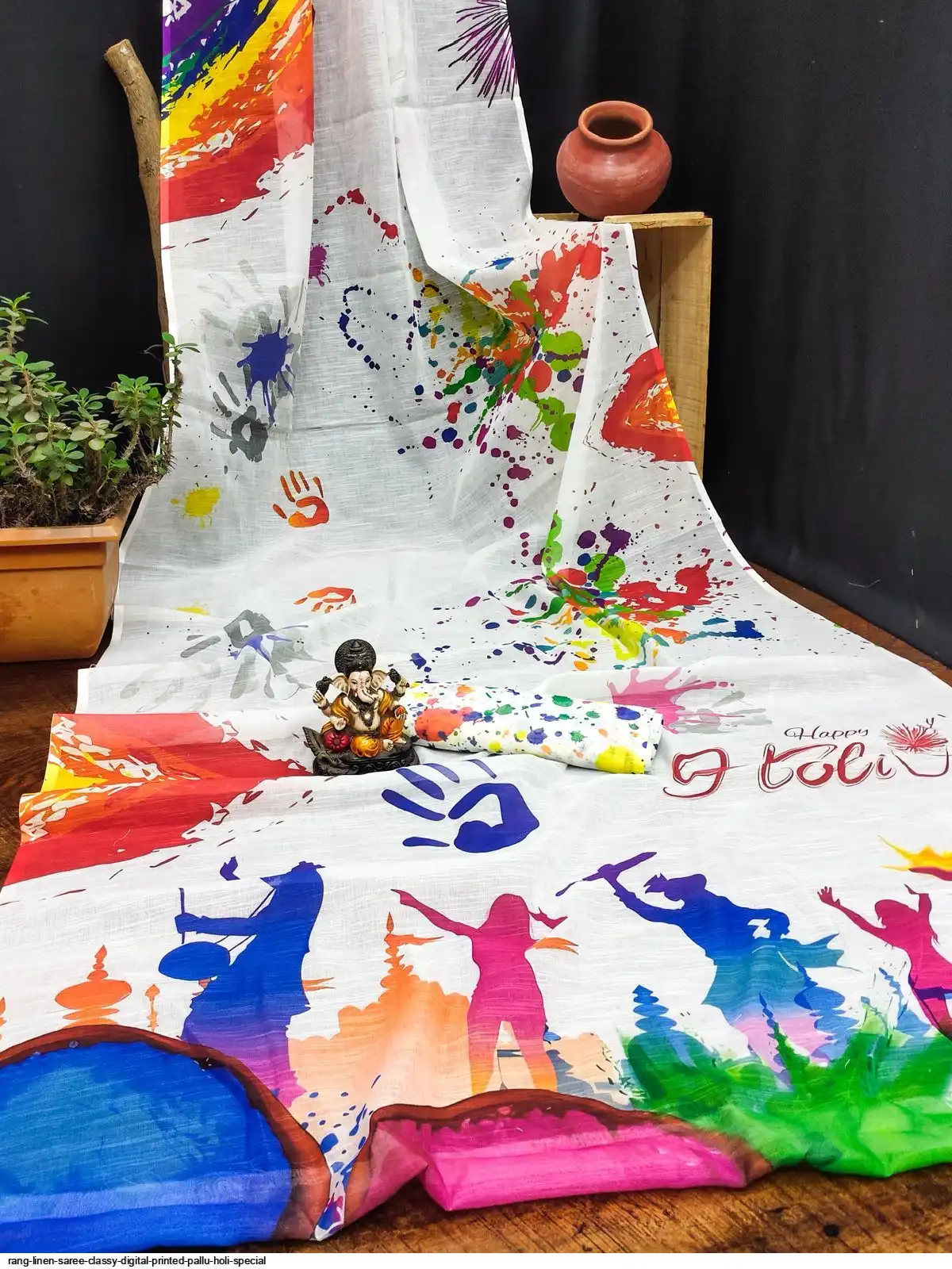 RANG Linen Saree Classy Digital Printed Pallu Holi Special