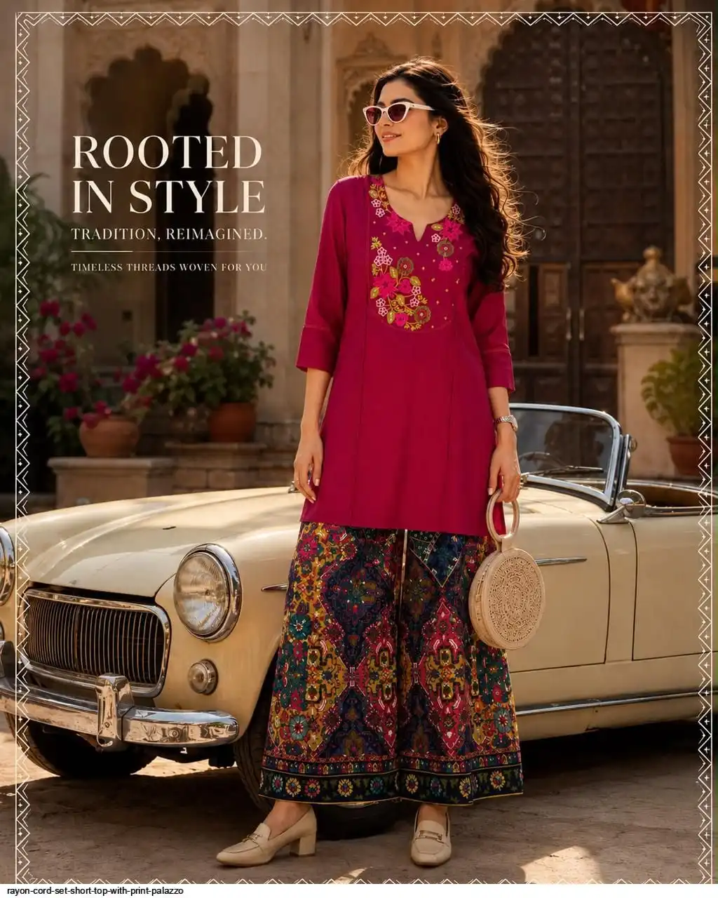RAYON CORD SET SHORT TOP WITH PRINT PALAZZO A