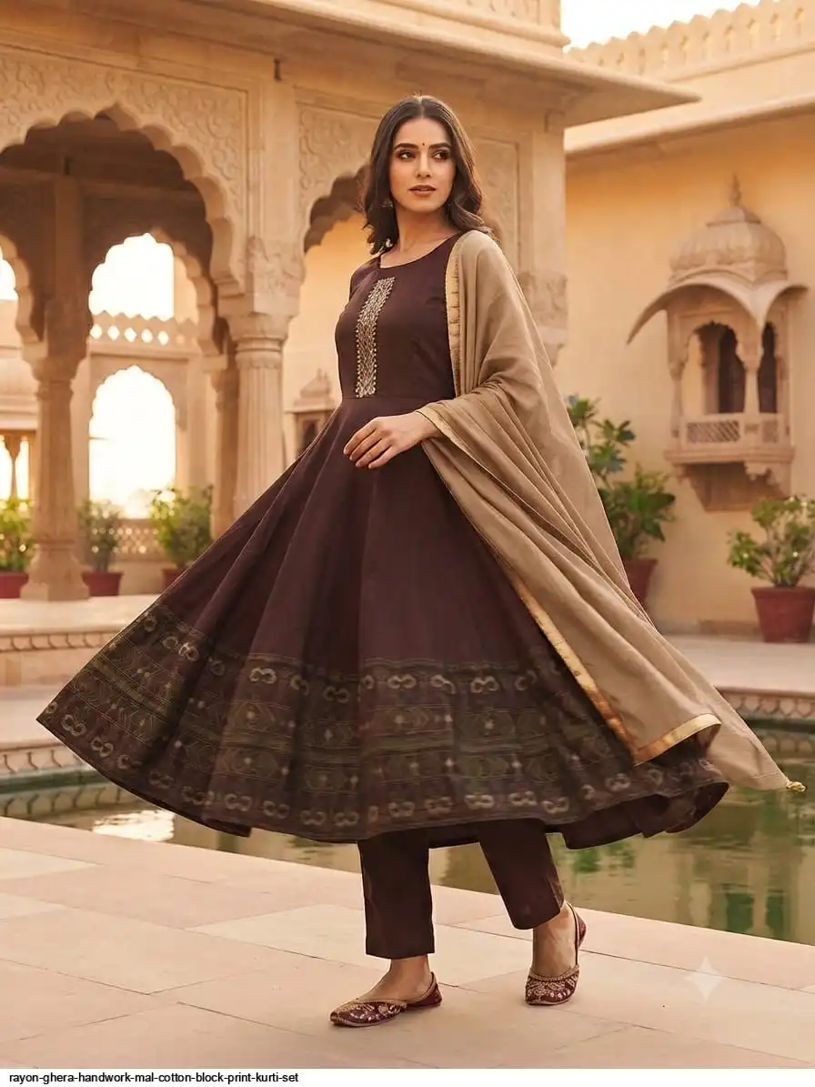 RAYON GHERA HANDWORK MAL COTTON BLOCK PRINT KURTI SET A