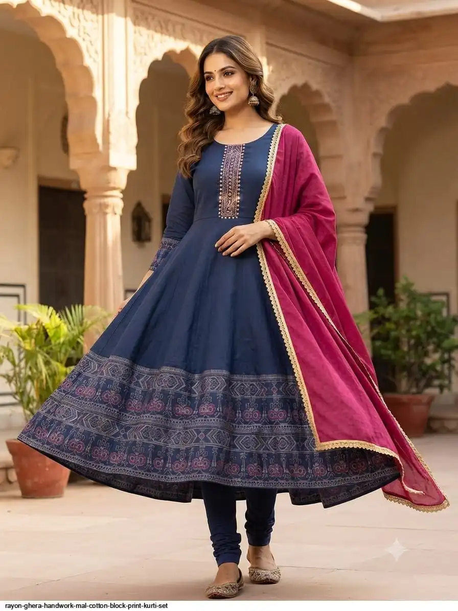 RAYON GHERA HANDWORK MAL COTTON BLOCK PRINT KURTI SET C