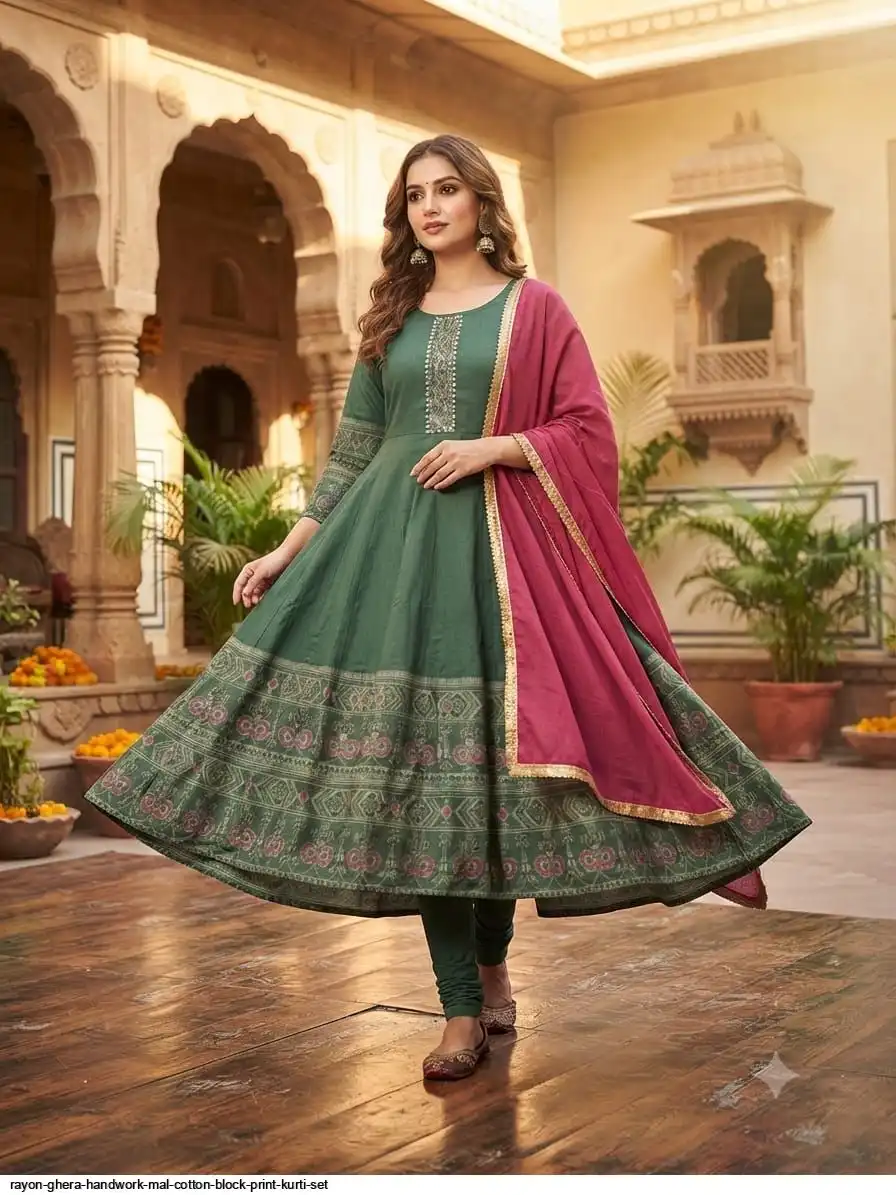 RAYON GHERA HANDWORK MAL COTTON BLOCK PRINT KURTI SET B
