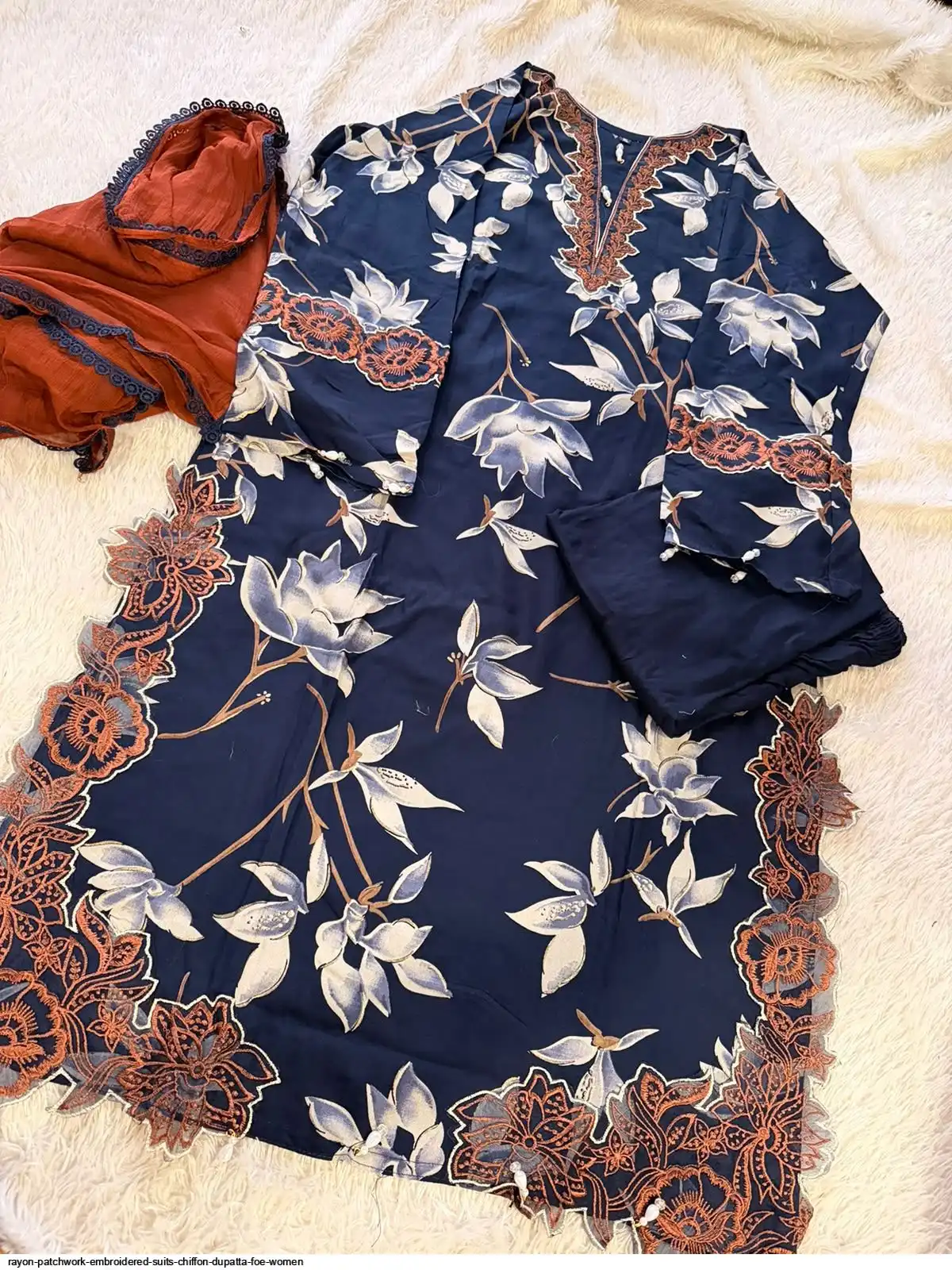 RAYON PATCHWORK EMBROIDERED SUITS CHIFFON DUPATTA FOE WOMEN 2